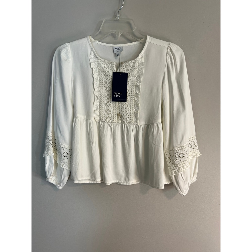 Crown & Ivy Kids‎ White Eyelet Lace Babydoll Blouse Long Sleeve Top Size M